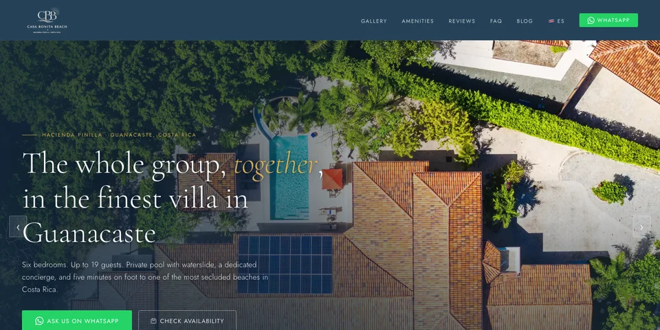Casa Bonita Beach homepage with the villa's rooftop view