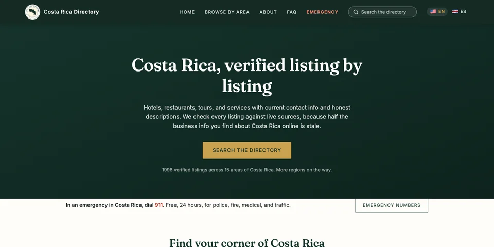 The Costa Rica Directory homepage, verified listing by listing